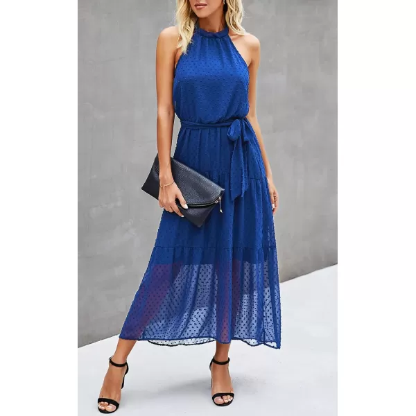 imagePRETTYGARDEN Womens Casual Halter Neck Sleeveless Floral Long Maxi Dress Backless Loose Ruffle Sundress with BeltSolid Blue