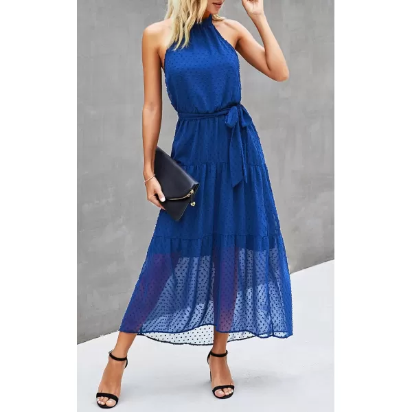imagePRETTYGARDEN Womens Casual Halter Neck Sleeveless Floral Long Maxi Dress Backless Loose Ruffle Sundress with BeltSolid Blue