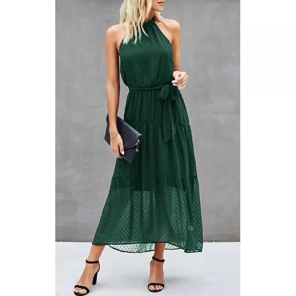 imagePRETTYGARDEN Womens Casual Halter Neck Sleeveless Floral Long Maxi Dress Backless Loose Ruffle Sundress with BeltSolid Dark Green