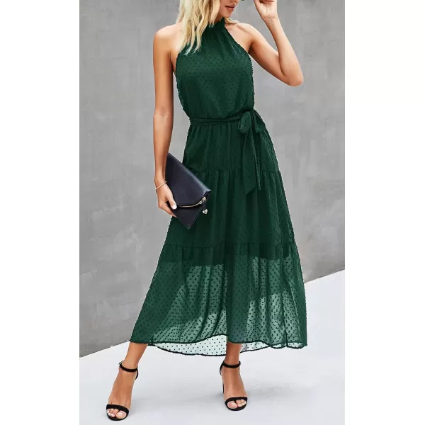 imagePRETTYGARDEN Womens Casual Halter Neck Sleeveless Floral Long Maxi Dress Backless Loose Ruffle Sundress with BeltSolid Dark Green