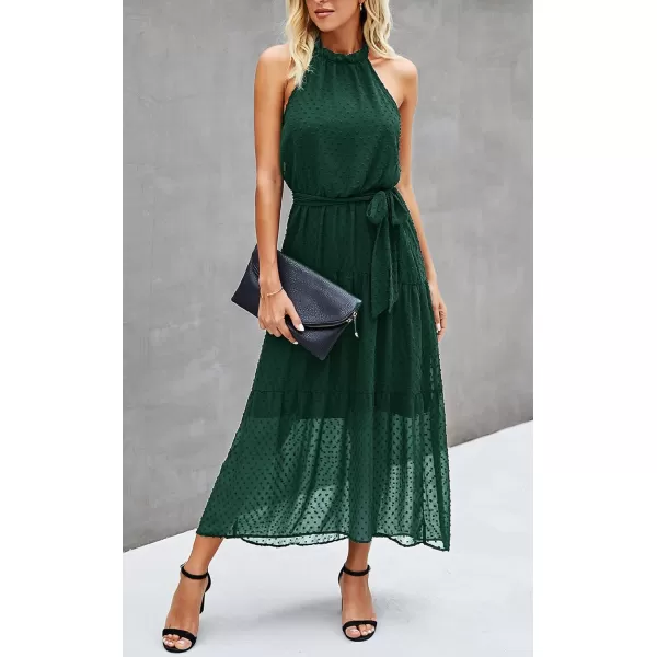 imagePRETTYGARDEN Womens Casual Halter Neck Sleeveless Floral Long Maxi Dress Backless Loose Ruffle Sundress with BeltSolid Dark Green
