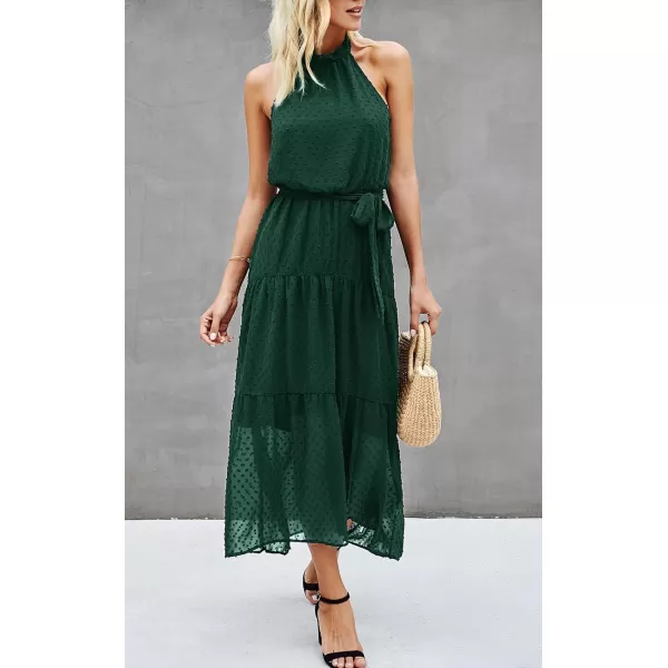 imagePRETTYGARDEN Womens Casual Halter Neck Sleeveless Floral Long Maxi Dress Backless Loose Ruffle Sundress with BeltSolid Dark Green