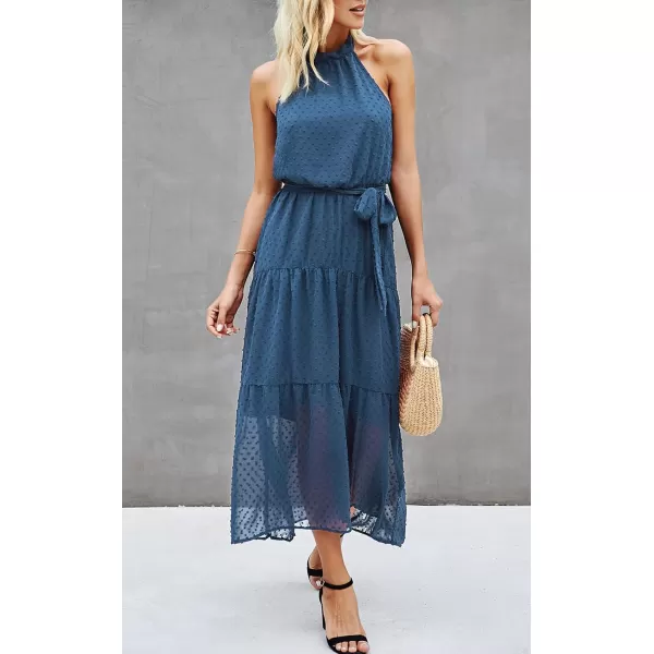 imagePRETTYGARDEN Womens Casual Halter Neck Sleeveless Floral Long Maxi Dress Backless Loose Ruffle Sundress with BeltSolid Grey Blue