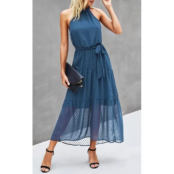 imagePRETTYGARDEN Womens Casual Halter Neck Sleeveless Floral Long Maxi Dress Backless Loose Ruffle Sundress with BeltSolid Grey Blue