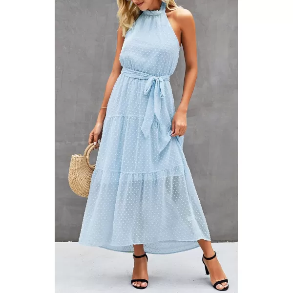 imagePRETTYGARDEN Womens Casual Halter Neck Sleeveless Floral Long Maxi Dress Backless Loose Ruffle Sundress with BeltSolid Light Blue