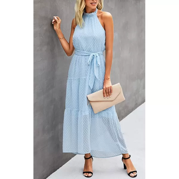 imagePRETTYGARDEN Womens Casual Halter Neck Sleeveless Floral Long Maxi Dress Backless Loose Ruffle Sundress with BeltSolid Light Blue