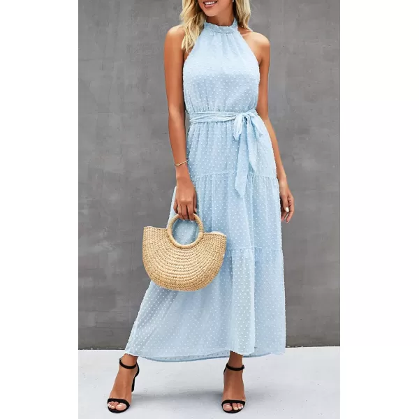 imagePRETTYGARDEN Womens Casual Halter Neck Sleeveless Floral Long Maxi Dress Backless Loose Ruffle Sundress with BeltSolid Light Blue