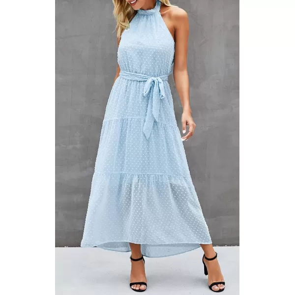 imagePRETTYGARDEN Womens Casual Halter Neck Sleeveless Floral Long Maxi Dress Backless Loose Ruffle Sundress with BeltSolid Light Blue