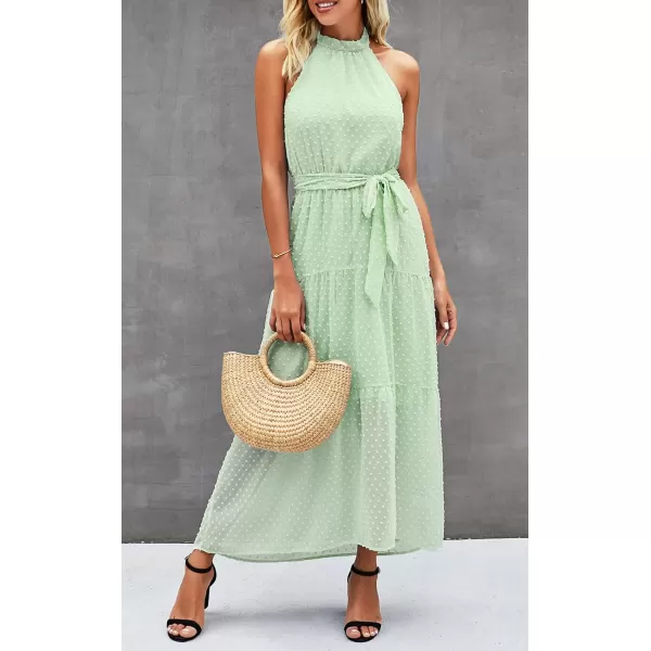 imagePRETTYGARDEN Womens Casual Halter Neck Sleeveless Floral Long Maxi Dress Backless Loose Ruffle Sundress with BeltSolid Light Green