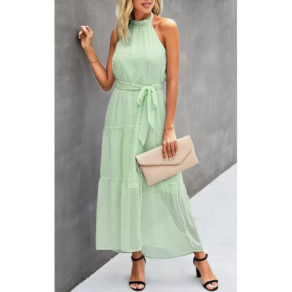 imagePRETTYGARDEN Womens Casual Halter Neck Sleeveless Floral Long Maxi Dress Backless Loose Ruffle Sundress with BeltSolid Light Green