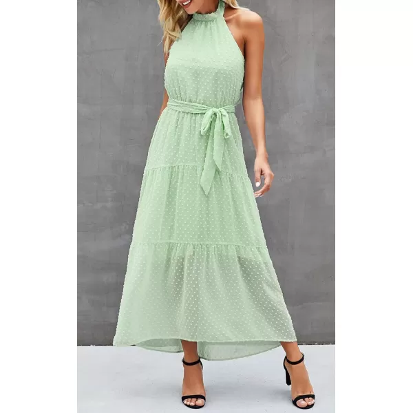 imagePRETTYGARDEN Womens Casual Halter Neck Sleeveless Floral Long Maxi Dress Backless Loose Ruffle Sundress with BeltSolid Light Green
