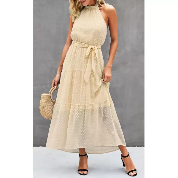 imagePRETTYGARDEN Womens Casual Halter Neck Sleeveless Floral Long Maxi Dress Backless Loose Ruffle Sundress with BeltSolid Light Yellow