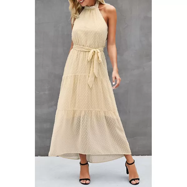imagePRETTYGARDEN Womens Casual Halter Neck Sleeveless Floral Long Maxi Dress Backless Loose Ruffle Sundress with BeltSolid Light Yellow