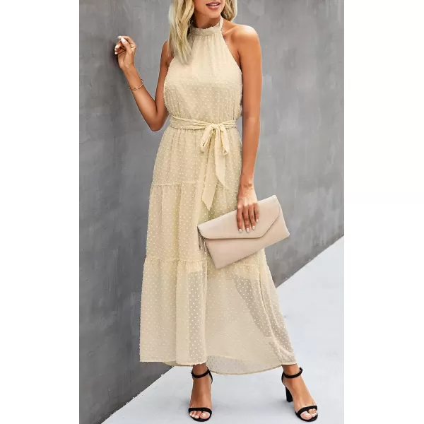 imagePRETTYGARDEN Womens Casual Halter Neck Sleeveless Floral Long Maxi Dress Backless Loose Ruffle Sundress with BeltSolid Light Yellow