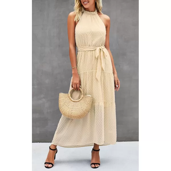 imagePRETTYGARDEN Womens Casual Halter Neck Sleeveless Floral Long Maxi Dress Backless Loose Ruffle Sundress with BeltSolid Light Yellow