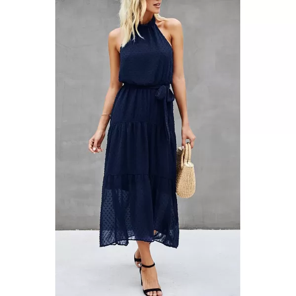 imagePRETTYGARDEN Womens Casual Halter Neck Sleeveless Floral Long Maxi Dress Backless Loose Ruffle Sundress with BeltSolid Navy