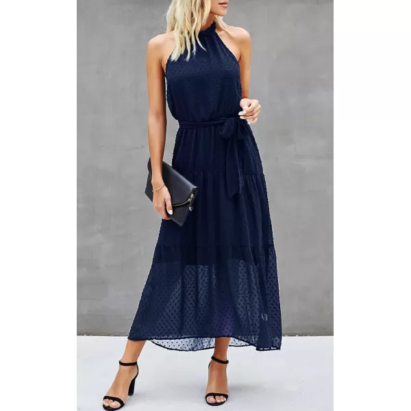 imagePRETTYGARDEN Womens Casual Halter Neck Sleeveless Floral Long Maxi Dress Backless Loose Ruffle Sundress with BeltSolid Navy