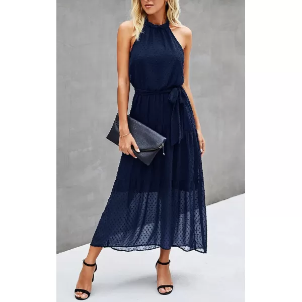 imagePRETTYGARDEN Womens Casual Halter Neck Sleeveless Floral Long Maxi Dress Backless Loose Ruffle Sundress with BeltSolid Navy