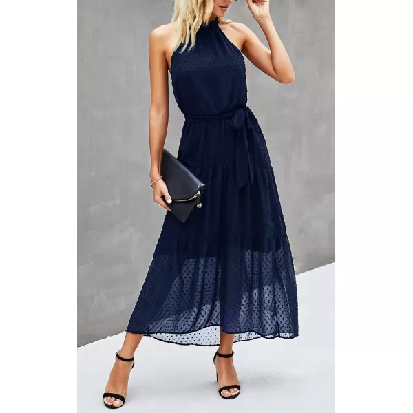 imagePRETTYGARDEN Womens Casual Halter Neck Sleeveless Floral Long Maxi Dress Backless Loose Ruffle Sundress with BeltSolid Navy