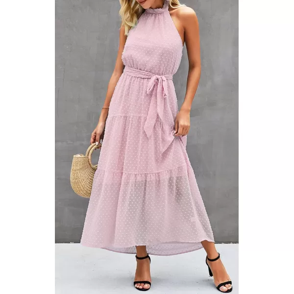imagePRETTYGARDEN Womens Casual Halter Neck Sleeveless Floral Long Maxi Dress Backless Loose Ruffle Sundress with BeltSolid Pink