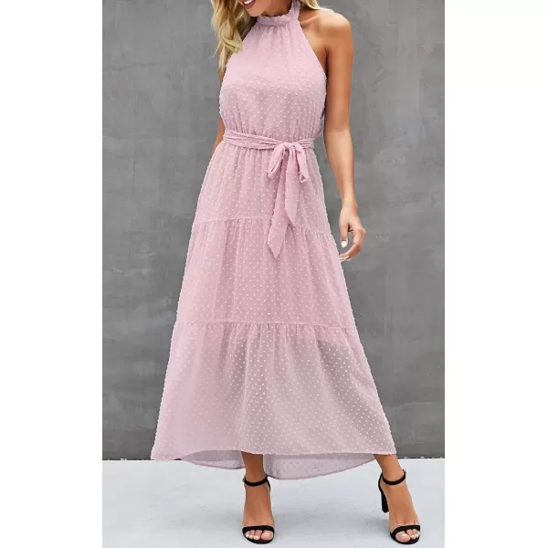 imagePRETTYGARDEN Womens Casual Halter Neck Sleeveless Floral Long Maxi Dress Backless Loose Ruffle Sundress with BeltSolid Pink
