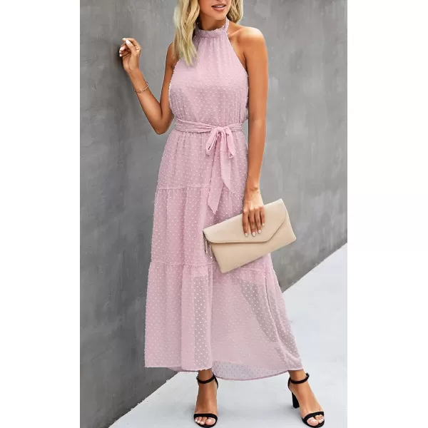 imagePRETTYGARDEN Womens Casual Halter Neck Sleeveless Floral Long Maxi Dress Backless Loose Ruffle Sundress with BeltSolid Pink