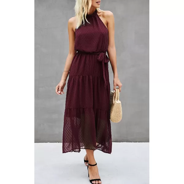 imagePRETTYGARDEN Womens Casual Halter Neck Sleeveless Floral Long Maxi Dress Backless Loose Ruffle Sundress with BeltSolid Wine Red