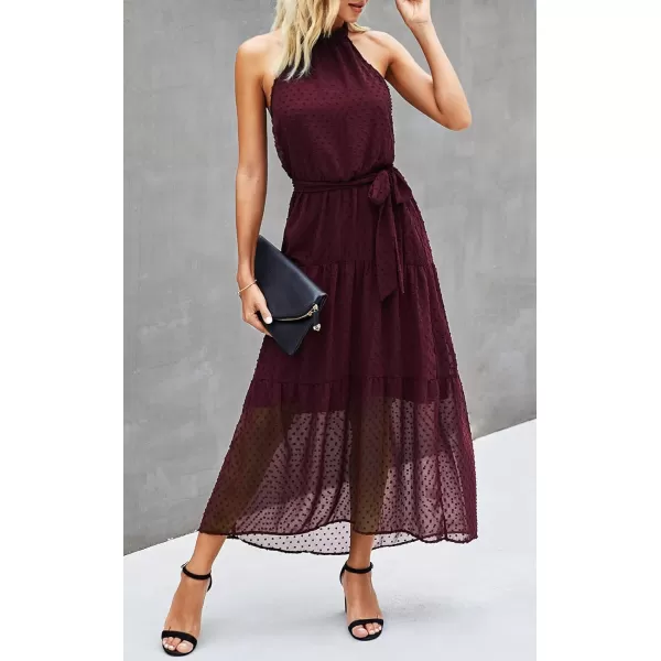 imagePRETTYGARDEN Womens Casual Halter Neck Sleeveless Floral Long Maxi Dress Backless Loose Ruffle Sundress with BeltSolid Wine Red