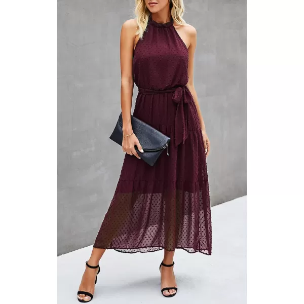 imagePRETTYGARDEN Womens Casual Halter Neck Sleeveless Floral Long Maxi Dress Backless Loose Ruffle Sundress with BeltSolid Wine Red