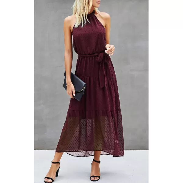imagePRETTYGARDEN Womens Casual Halter Neck Sleeveless Floral Long Maxi Dress Backless Loose Ruffle Sundress with BeltSolid Wine Red