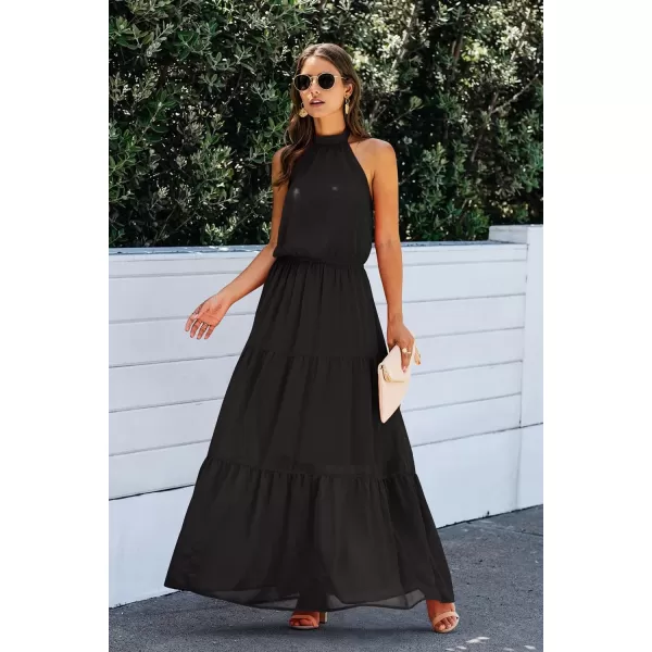 imagePRETTYGARDEN Womens Casual Halter Neck Sleeveless Floral Long Maxi Dress Backless Loose Ruffle Sundress with BeltYblack