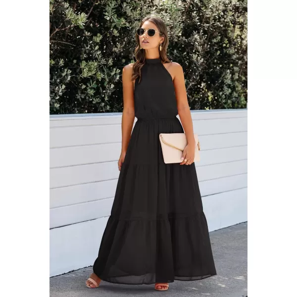 imagePRETTYGARDEN Womens Casual Halter Neck Sleeveless Floral Long Maxi Dress Backless Loose Ruffle Sundress with BeltYblack