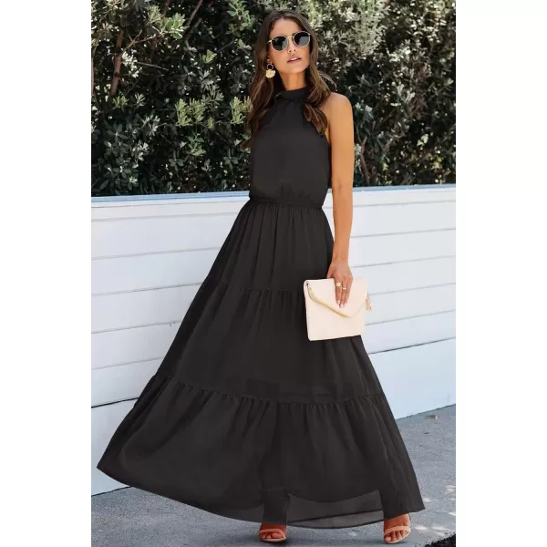 imagePRETTYGARDEN Womens Casual Halter Neck Sleeveless Floral Long Maxi Dress Backless Loose Ruffle Sundress with BeltYblack
