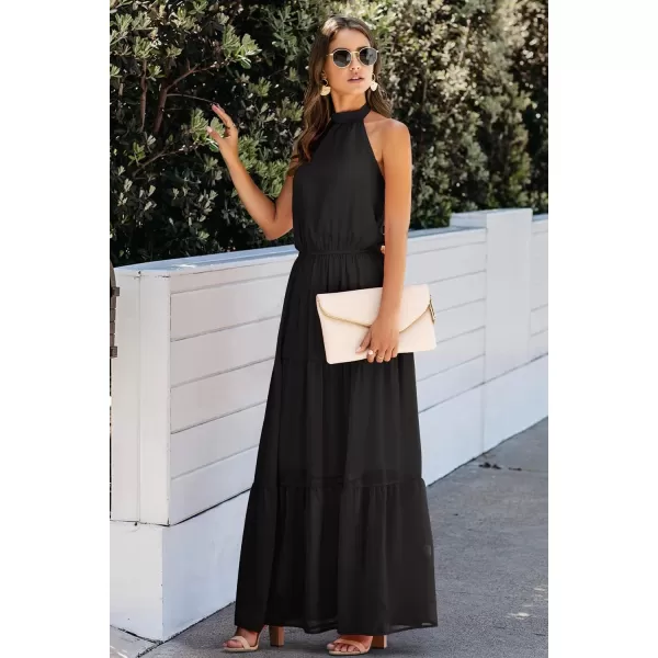 imagePRETTYGARDEN Womens Casual Halter Neck Sleeveless Floral Long Maxi Dress Backless Loose Ruffle Sundress with BeltYblack