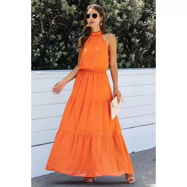 imagePRETTYGARDEN Womens Casual Halter Neck Sleeveless Floral Long Maxi Dress Backless Loose Ruffle Sundress with BeltYorange