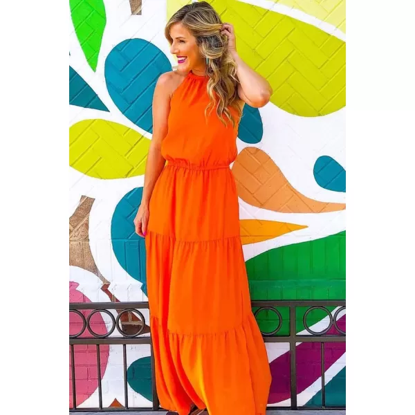 imagePRETTYGARDEN Womens Casual Halter Neck Sleeveless Floral Long Maxi Dress Backless Loose Ruffle Sundress with BeltYorange
