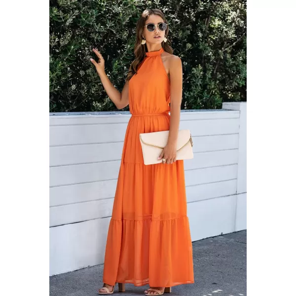 imagePRETTYGARDEN Womens Casual Halter Neck Sleeveless Floral Long Maxi Dress Backless Loose Ruffle Sundress with BeltYorange