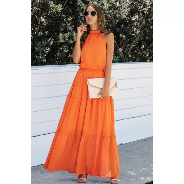 imagePRETTYGARDEN Womens Casual Halter Neck Sleeveless Floral Long Maxi Dress Backless Loose Ruffle Sundress with BeltYorange