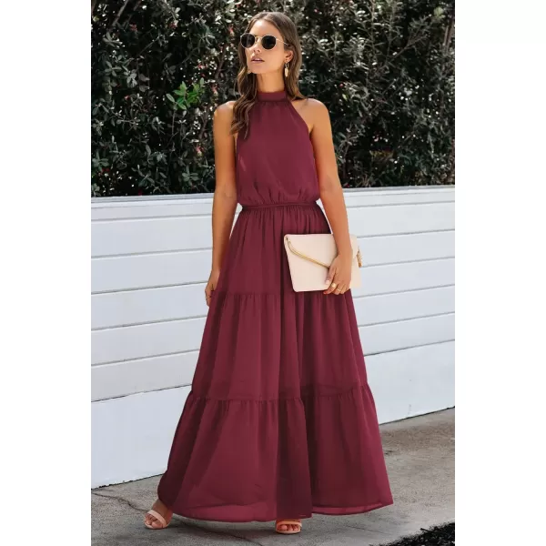 imagePRETTYGARDEN Womens Casual Halter Neck Sleeveless Floral Long Maxi Dress Backless Loose Ruffle Sundress with BeltYwine Red