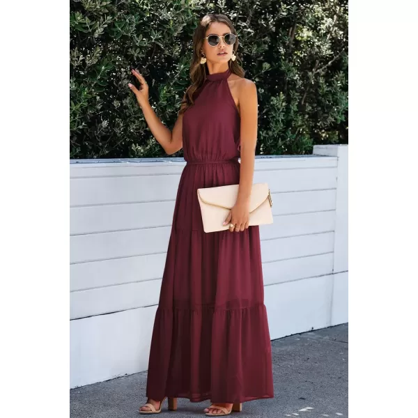 imagePRETTYGARDEN Womens Casual Halter Neck Sleeveless Floral Long Maxi Dress Backless Loose Ruffle Sundress with BeltYwine Red
