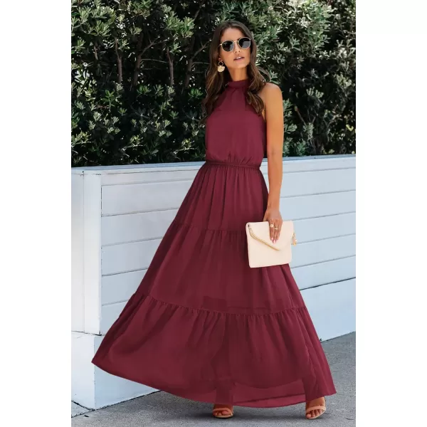 imagePRETTYGARDEN Womens Casual Halter Neck Sleeveless Floral Long Maxi Dress Backless Loose Ruffle Sundress with BeltYwine Red