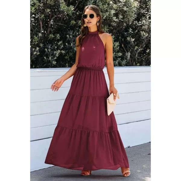 imagePRETTYGARDEN Womens Casual Halter Neck Sleeveless Floral Long Maxi Dress Backless Loose Ruffle Sundress with BeltYwine Red
