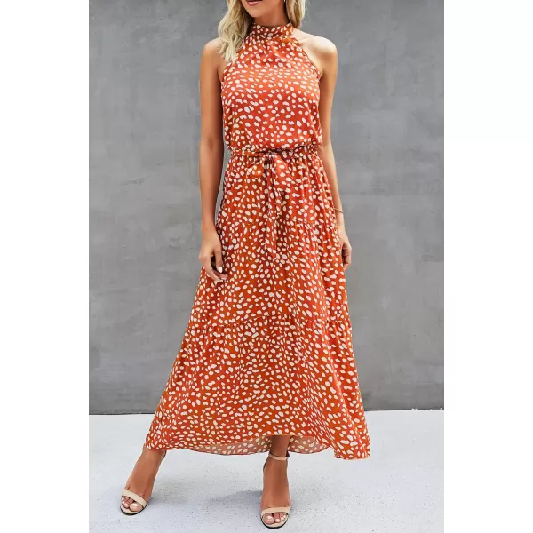 imagePRETTYGARDEN Womens Casual Halter Neck Sleeveless Floral Long Maxi Dress Backless Loose Ruffle Sundress with BeltZbrick Red