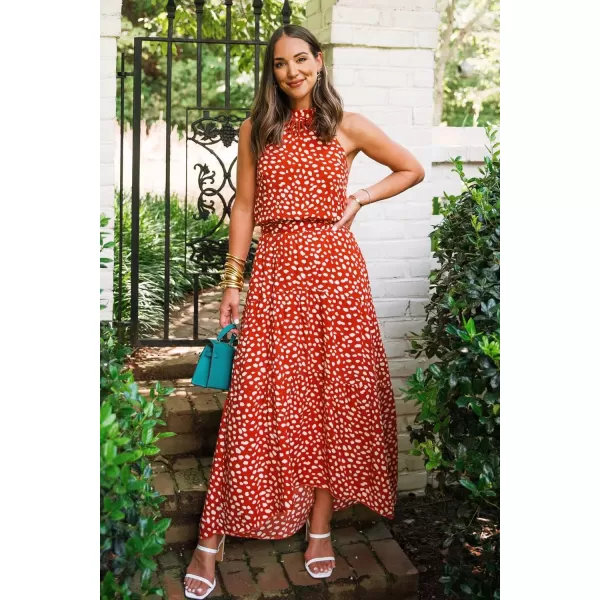 imagePRETTYGARDEN Womens Casual Halter Neck Sleeveless Floral Long Maxi Dress Backless Loose Ruffle Sundress with BeltZbrick Red