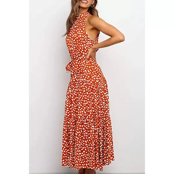 imagePRETTYGARDEN Womens Casual Halter Neck Sleeveless Floral Long Maxi Dress Backless Loose Ruffle Sundress with BeltZbrick Red