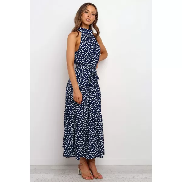 imagePRETTYGARDEN Womens Casual Halter Neck Sleeveless Floral Long Maxi Dress Backless Loose Ruffle Sundress with BeltZnavy