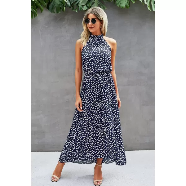 imagePRETTYGARDEN Womens Casual Halter Neck Sleeveless Floral Long Maxi Dress Backless Loose Ruffle Sundress with BeltZnavy