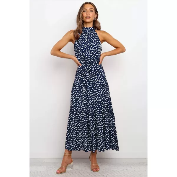imagePRETTYGARDEN Womens Casual Halter Neck Sleeveless Floral Long Maxi Dress Backless Loose Ruffle Sundress with BeltZnavy
