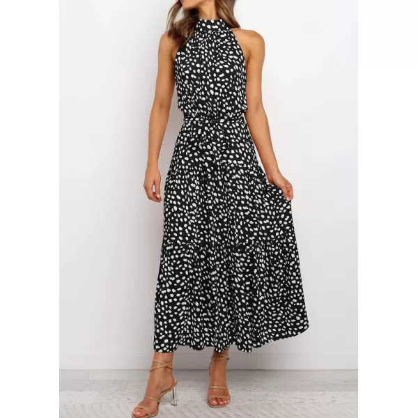 imagePRETTYGARDEN Womens Casual Halter Neck Sleeveless Floral Long Maxi Dress Backless Loose Ruffle Sundress with BeltZsolid Black