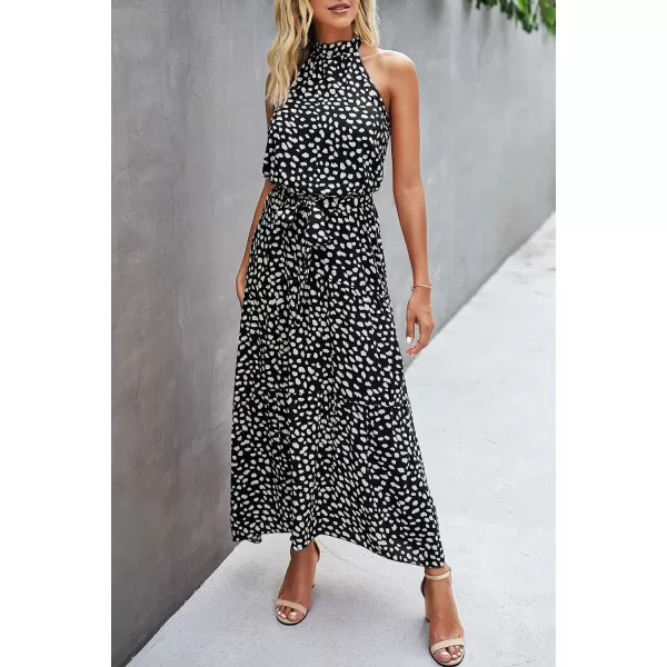 imagePRETTYGARDEN Womens Casual Halter Neck Sleeveless Floral Long Maxi Dress Backless Loose Ruffle Sundress with BeltZsolid Black
